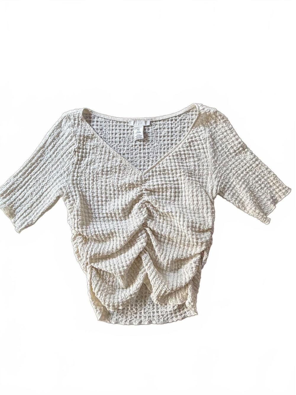 H&M Cream Textured Ruched V-Neck Short Sleeve Top Size S